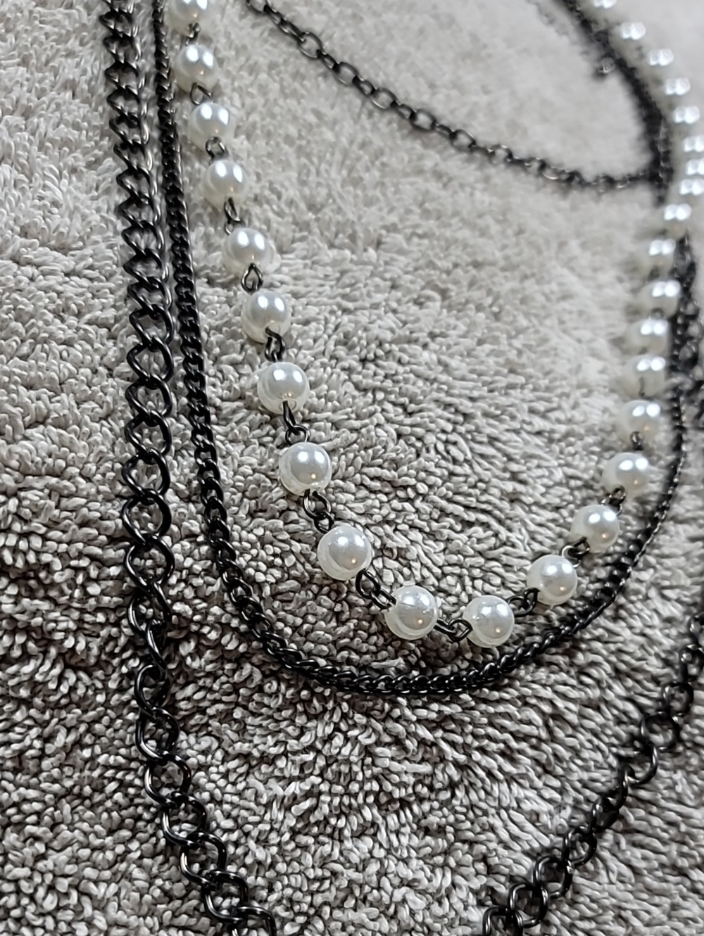 4-Strand Black Chain Necklace with White "Pearl" Bead Accents